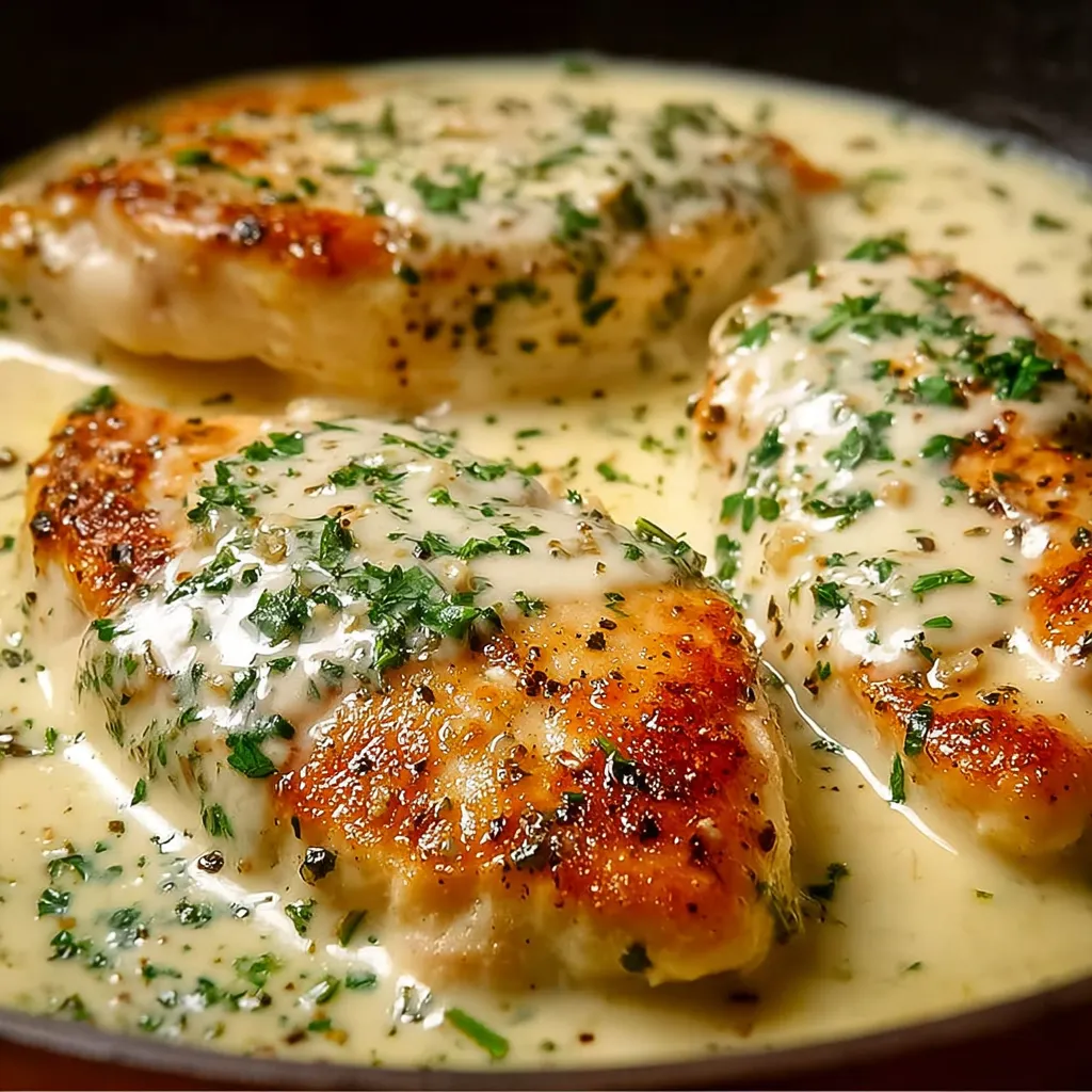 Pechuga de pollo dorada servida con salsa cremosa de queso y perejil fresco