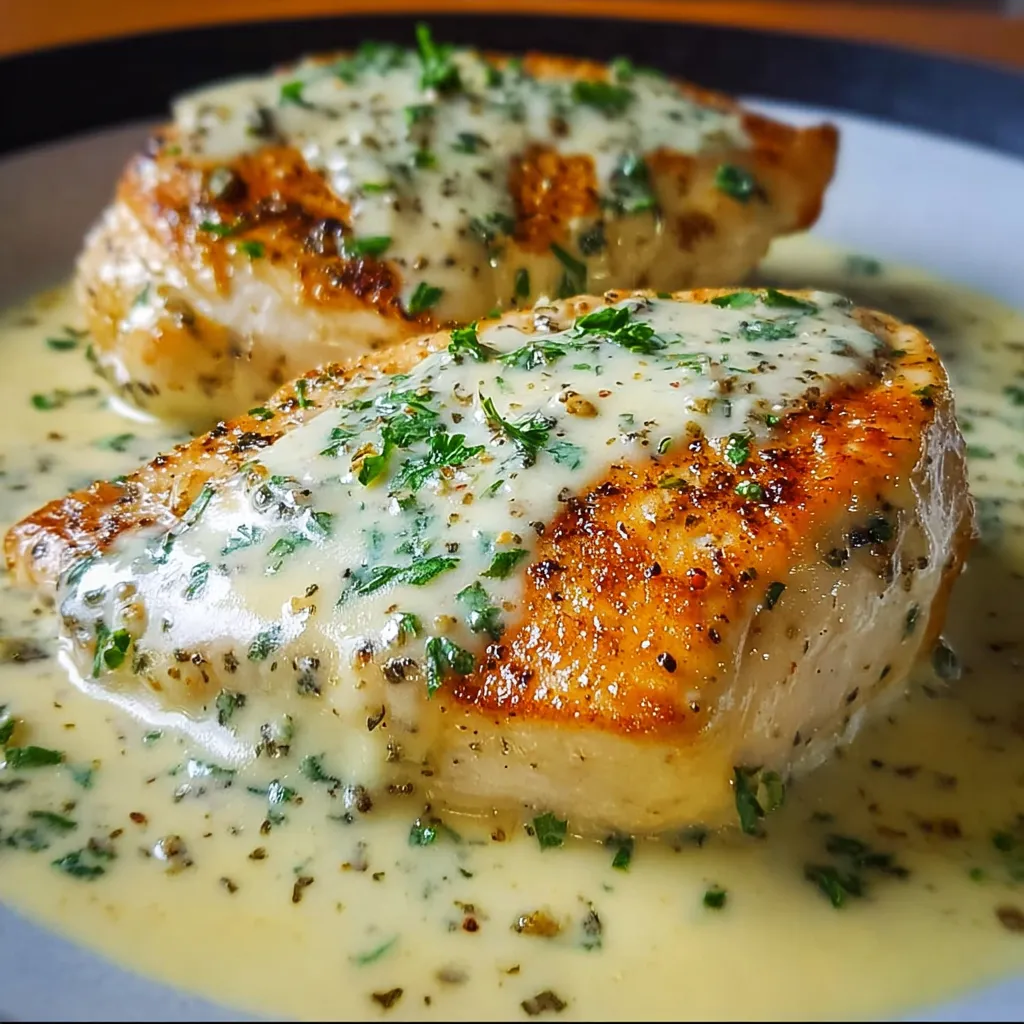 Pechuga de pollo dorada servida con salsa cremosa de queso y perejil fresco