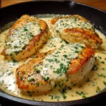 Pechuga de pollo dorada servida con salsa cremosa de queso y perejil fresco
