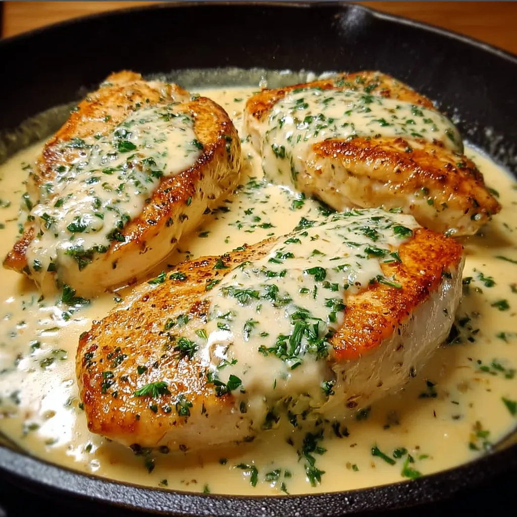 Pechuga de pollo dorada servida con salsa cremosa de queso y perejil fresco