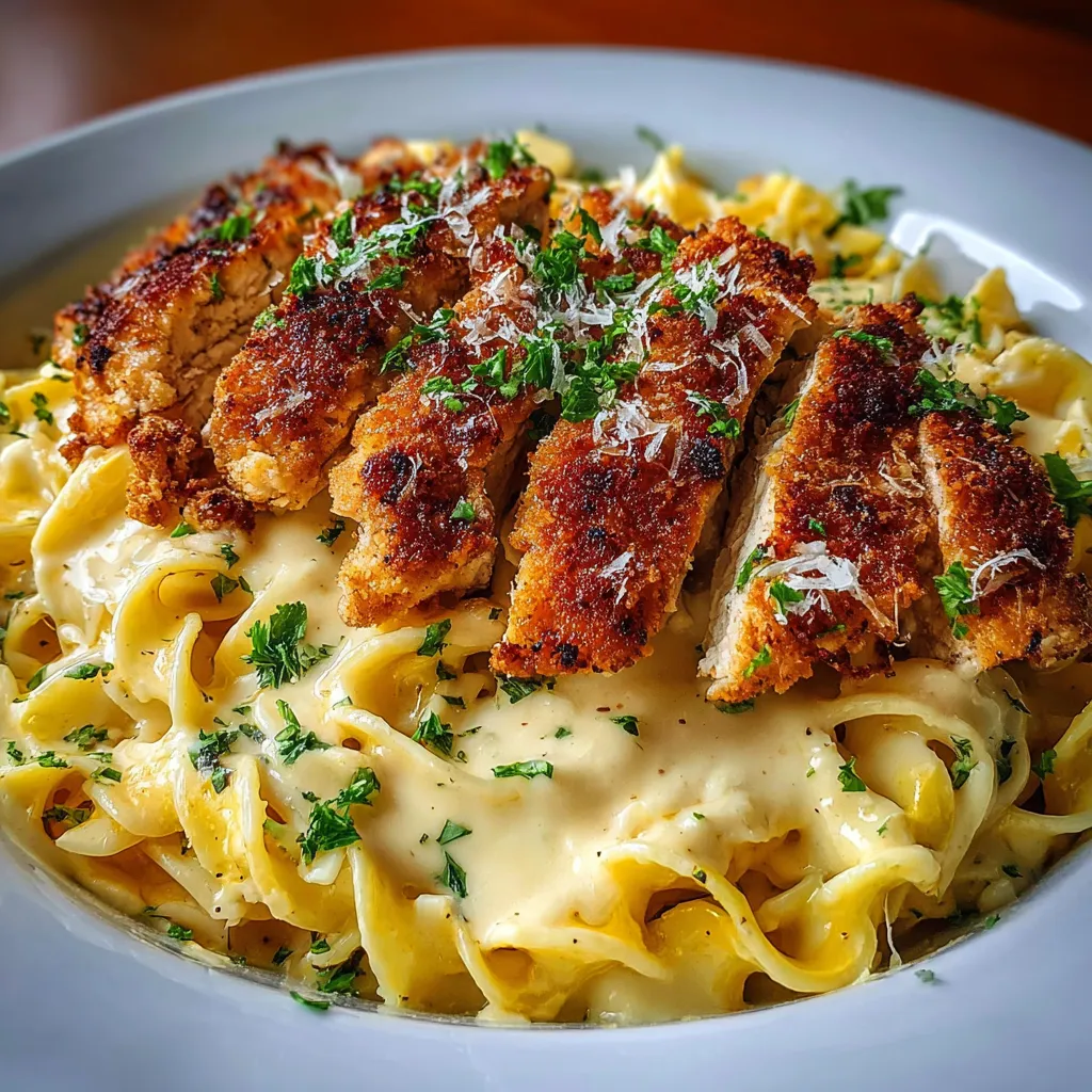 Plato servido con pechuga de pollo crujiente sobre pasta cremosa al ajo y parmesano