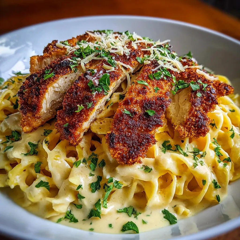 Plato servido con pechuga de pollo crujiente sobre pasta cremosa al ajo y parmesano