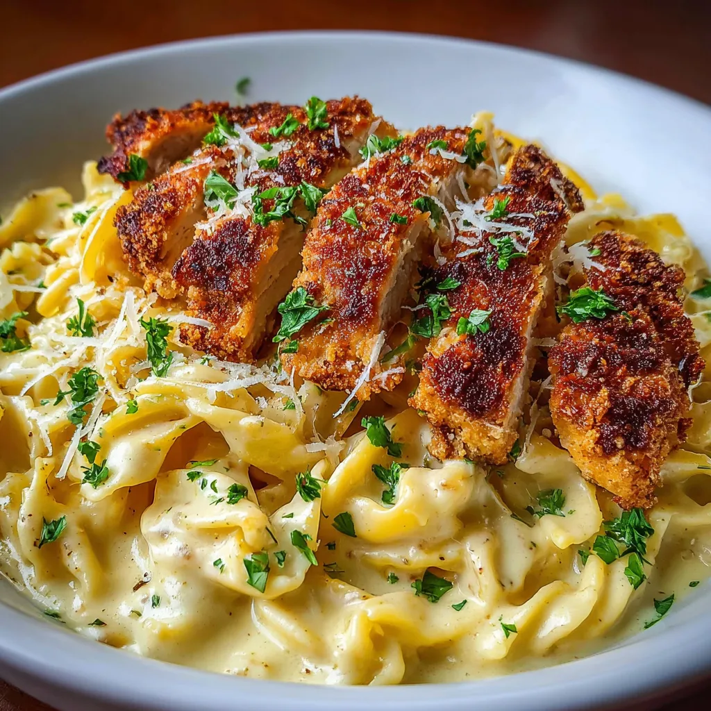 Plato servido con pechuga de pollo crujiente sobre pasta cremosa al ajo y parmesano