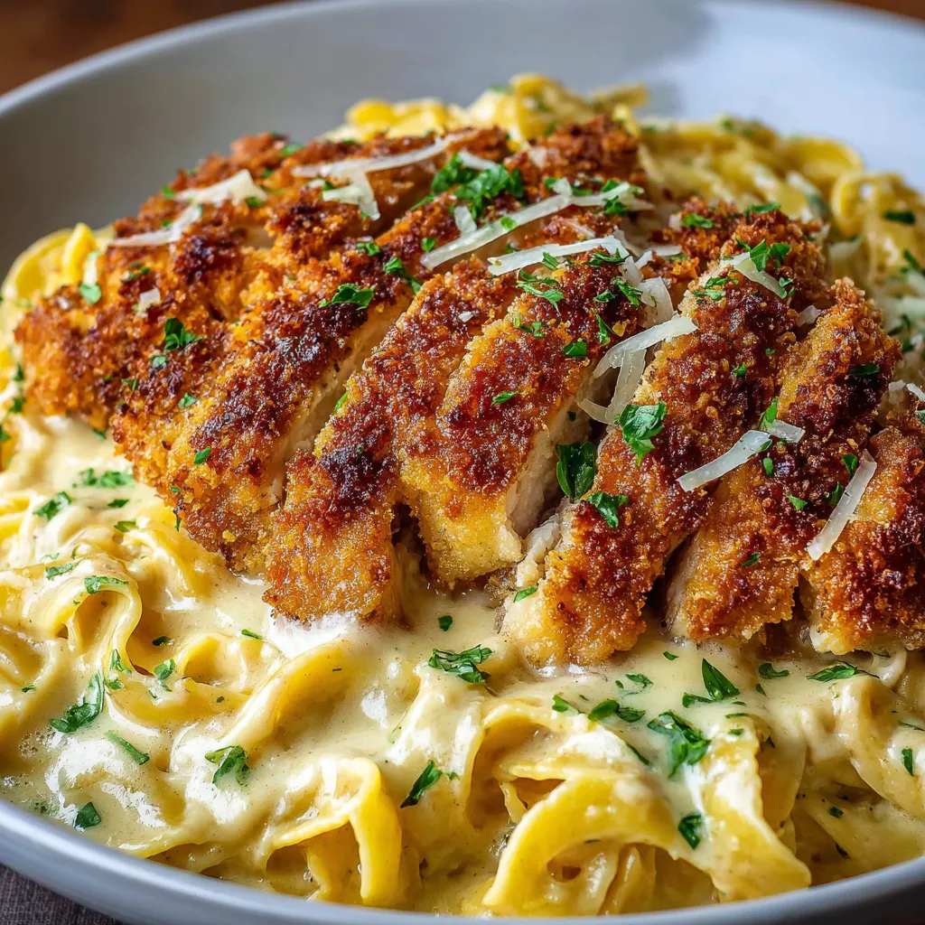 Plato servido con pechuga de pollo crujiente sobre pasta cremosa al ajo y parmesano