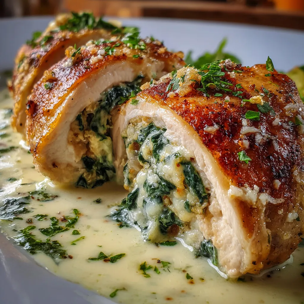 Pechugas de pollo rellenas con espinacas y queso, cubiertas con salsa blanca cremosa y horneadas.