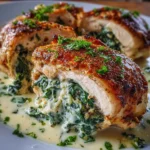 Pechugas de pollo rellenas con espinacas y queso, cubiertas con salsa blanca cremosa y horneadas.