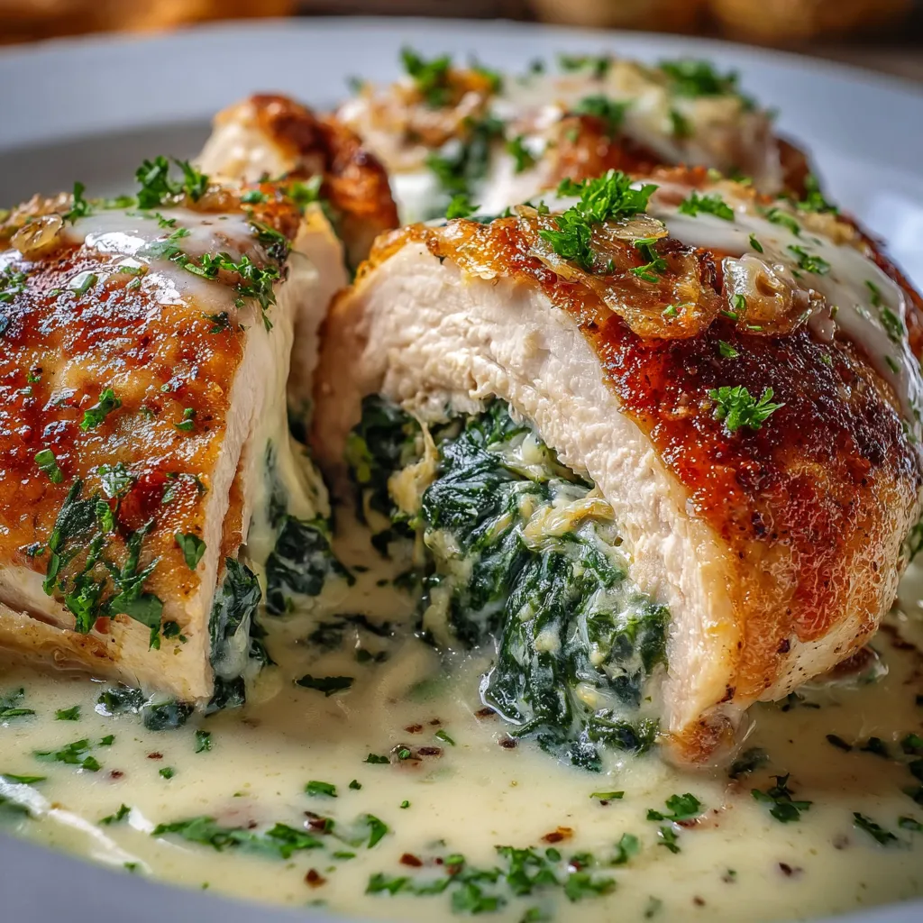 Pechugas de pollo rellenas con espinacas y queso, cubiertas con salsa blanca cremosa y horneadas.