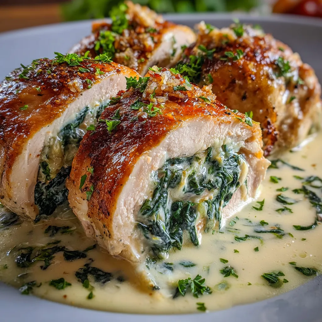 Pechugas de pollo rellenas con espinacas y queso, cubiertas con salsa blanca cremosa y horneadas.