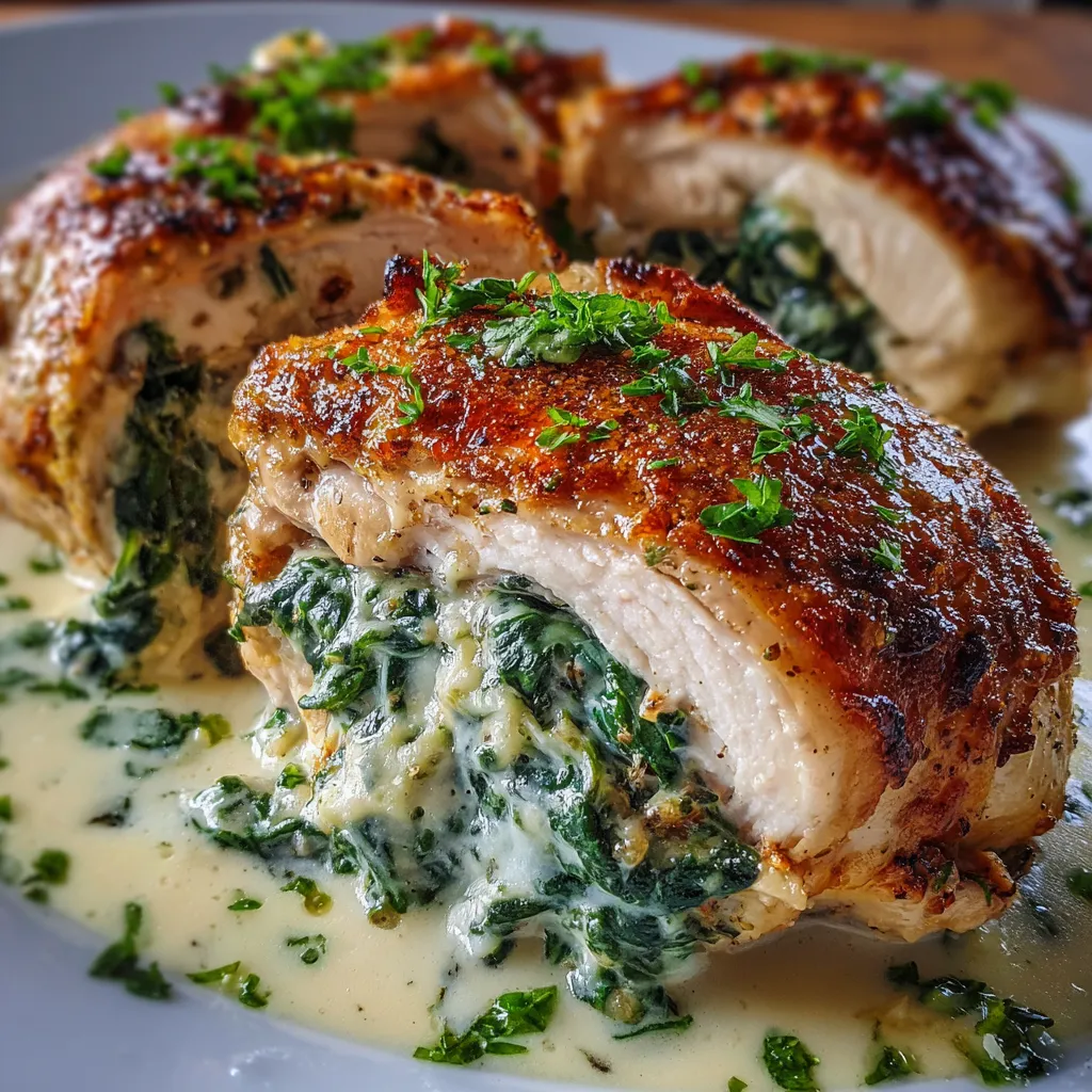 Pechugas de pollo rellenas con espinacas y queso, cubiertas con salsa blanca cremosa y horneadas.