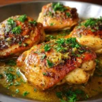 Pechugas de pollo doradas con salsa de miel y limón servidas en plato blanco con perejil picado
