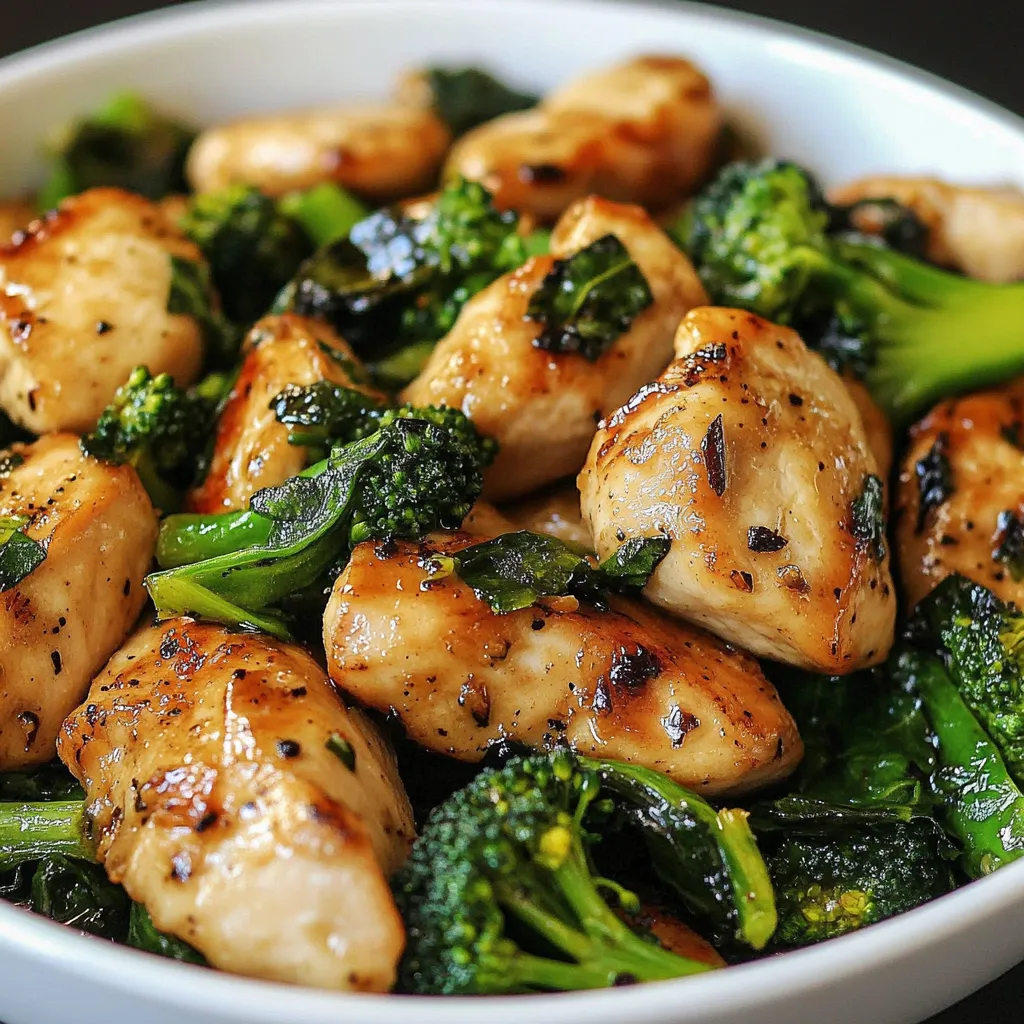 Pollo al ajo salteado con brócoli y espinacas en sartén, servido caliente