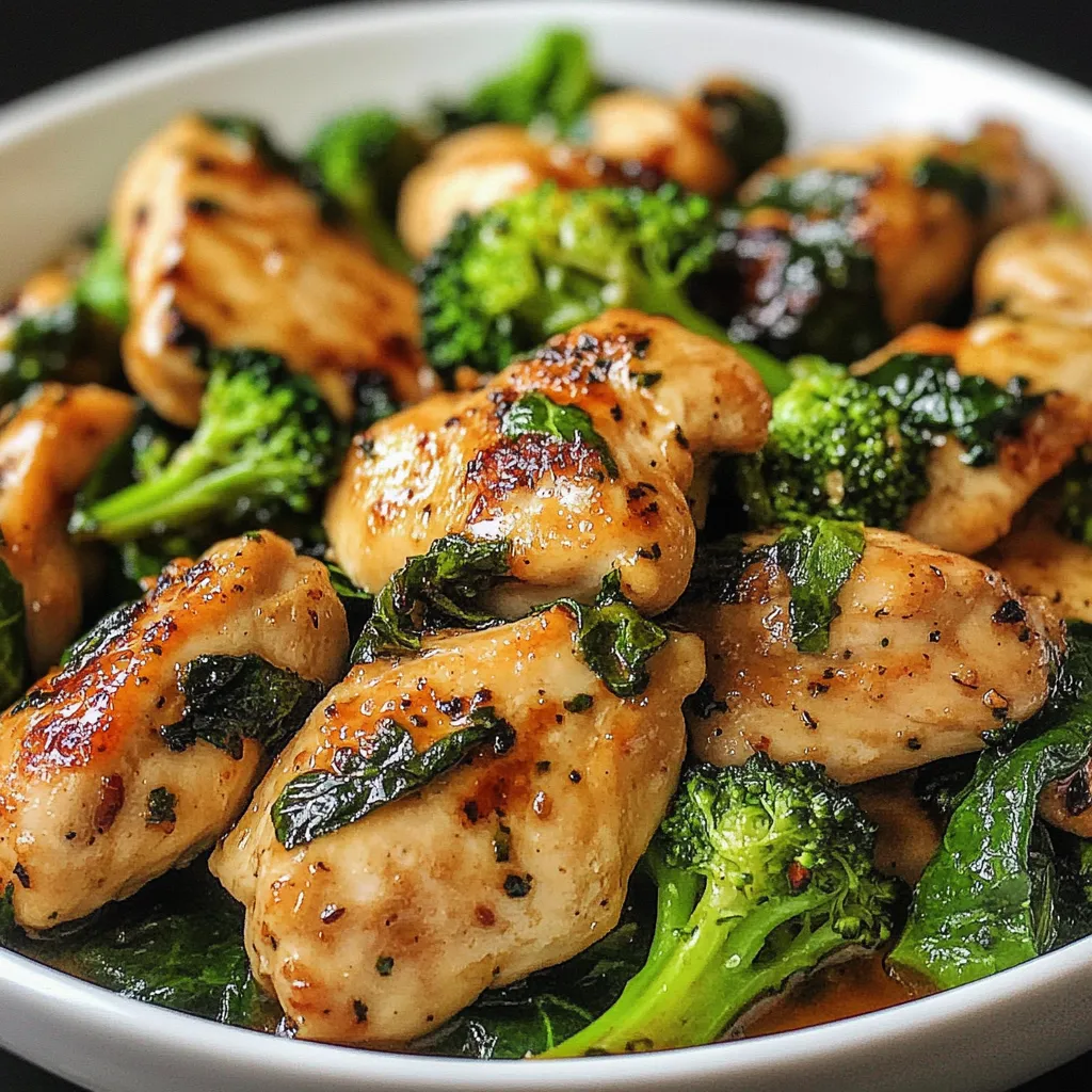 Pollo al ajo salteado con brócoli y espinacas en sartén, servido caliente