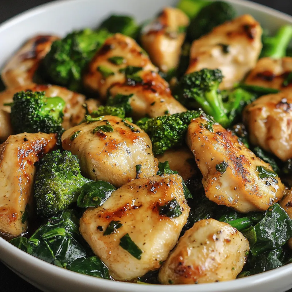 Pollo al ajo salteado con brócoli y espinacas en sartén, servido caliente