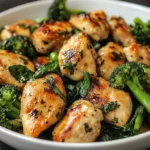 Pollo al ajo salteado con brócoli y espinacas en sartén, servido caliente