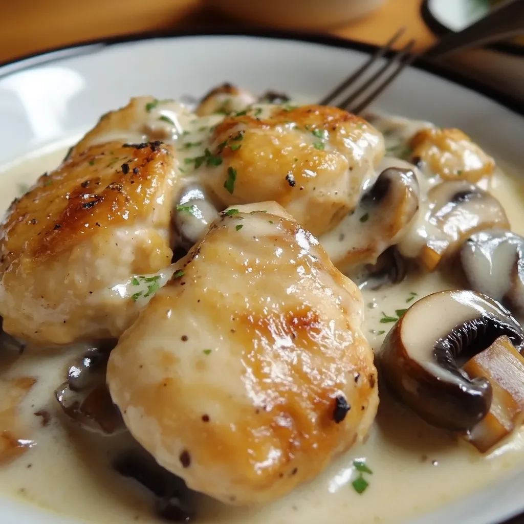 Pollo en salsa blanca con champiñones servido con arroz blanco