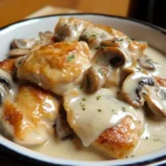 Pollo en salsa blanca con champiñones servido con arroz blanco
