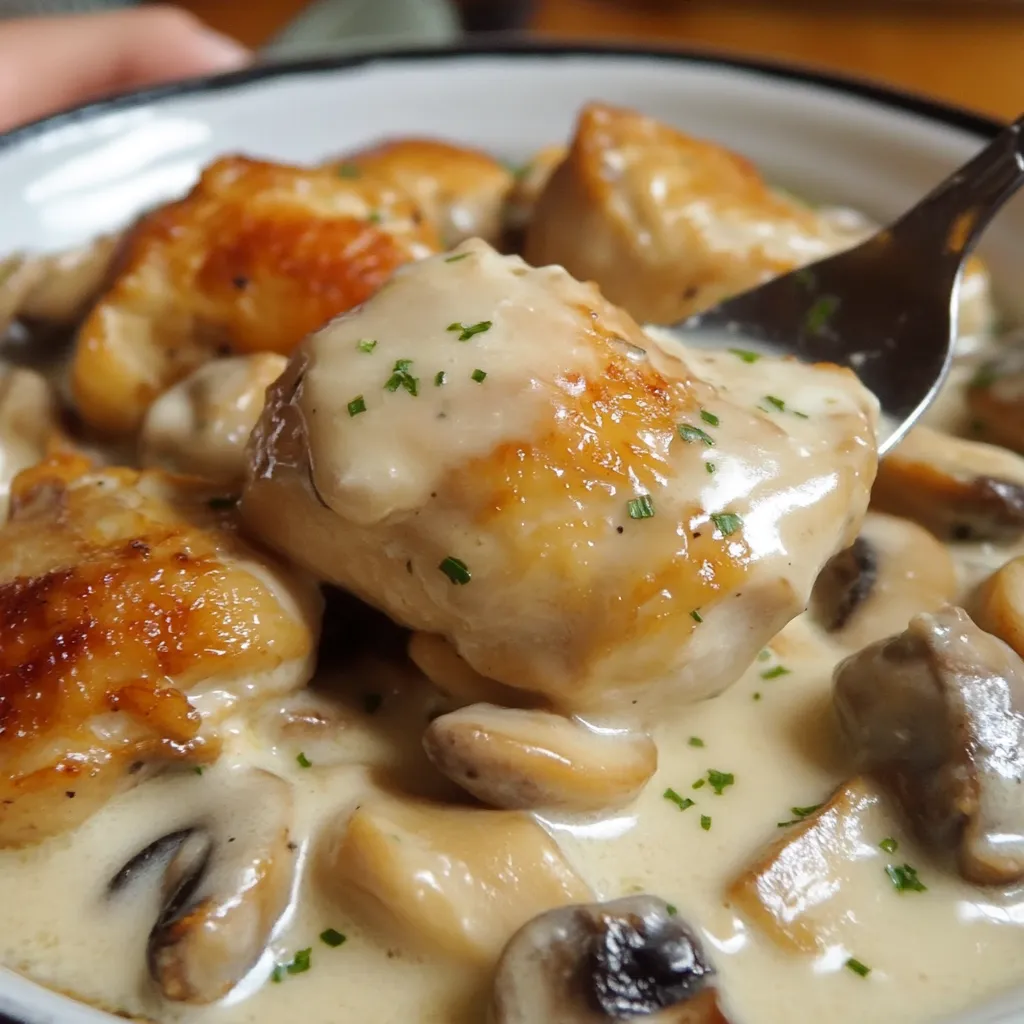 Pollo en salsa blanca con champiñones servido con arroz blanco