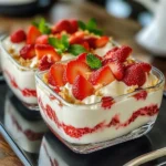 Postre frío en capas con fresas frescas, crema y galletas tipo María servido en fuente de vidrio.