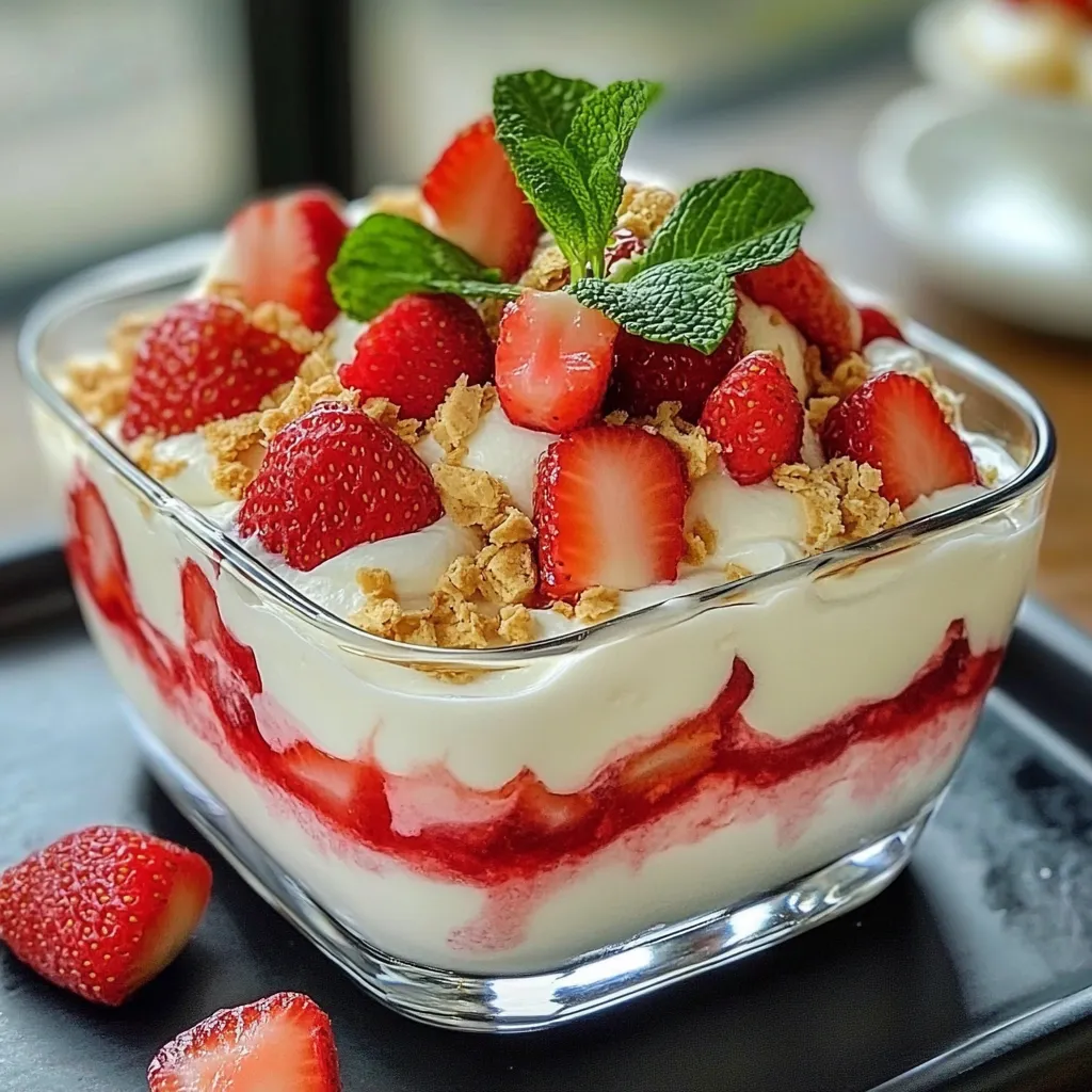 Postre frío en capas con fresas frescas, crema y galletas tipo María servido en fuente de vidrio.