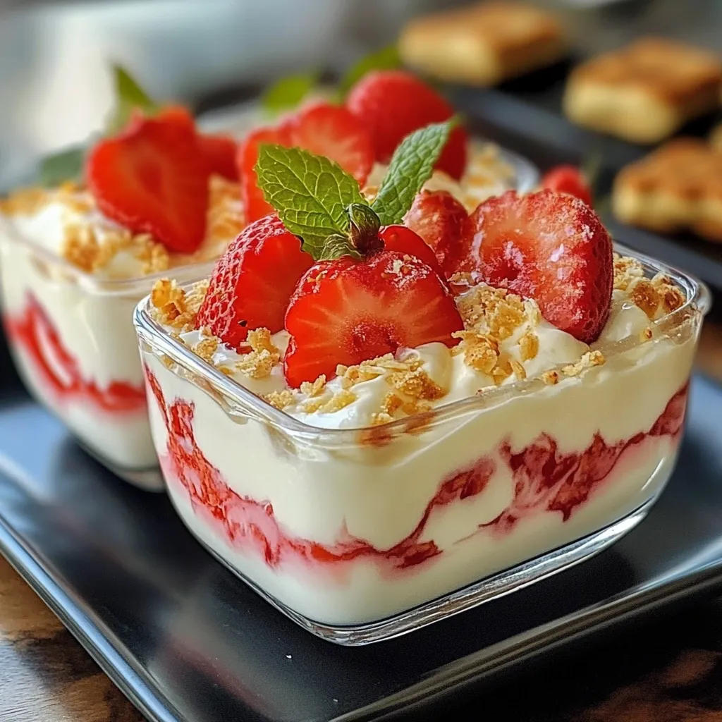 Postre frío en capas con fresas frescas, crema y galletas tipo María servido en fuente de vidrio.