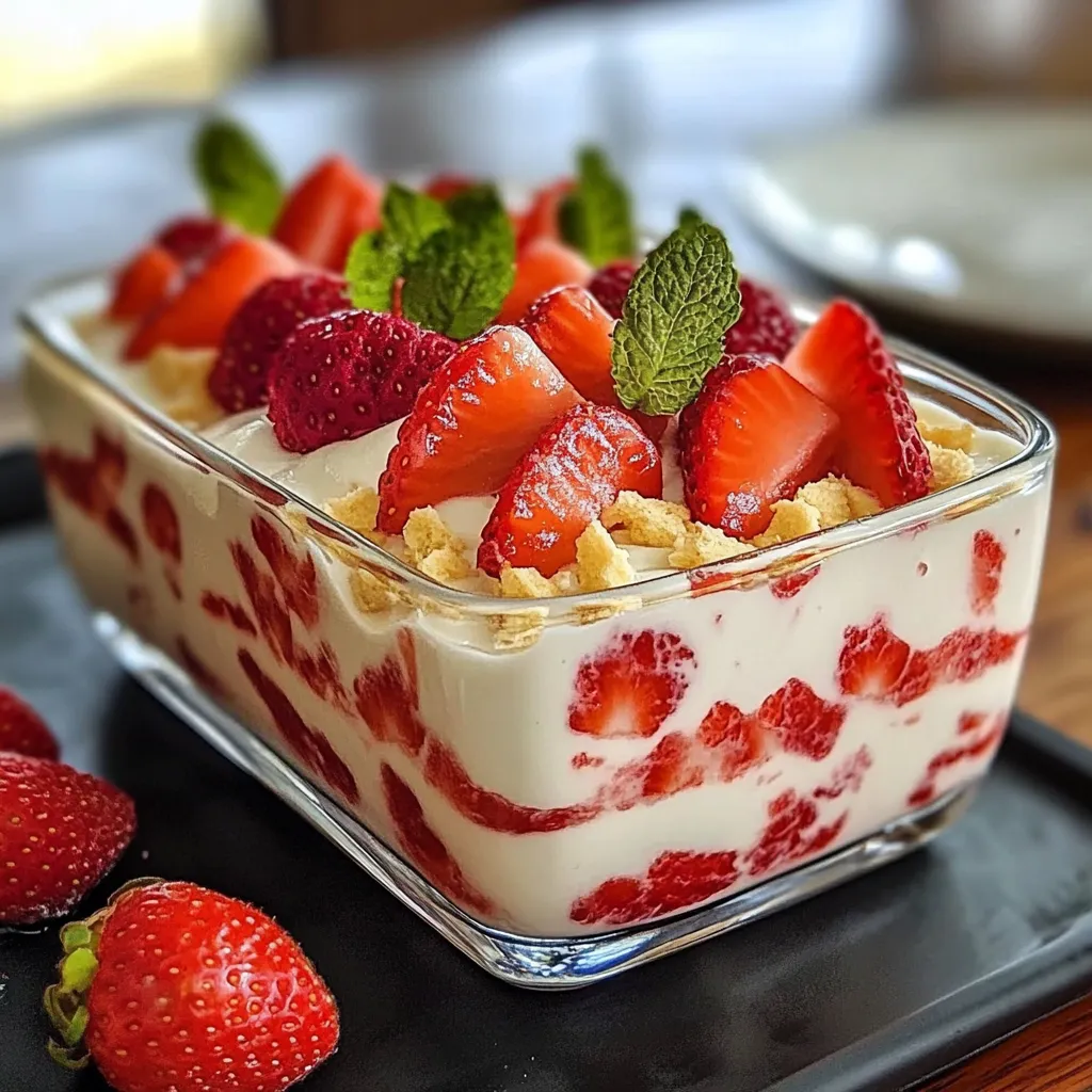 Postre frío en capas con fresas frescas, crema y galletas tipo María servido en fuente de vidrio.