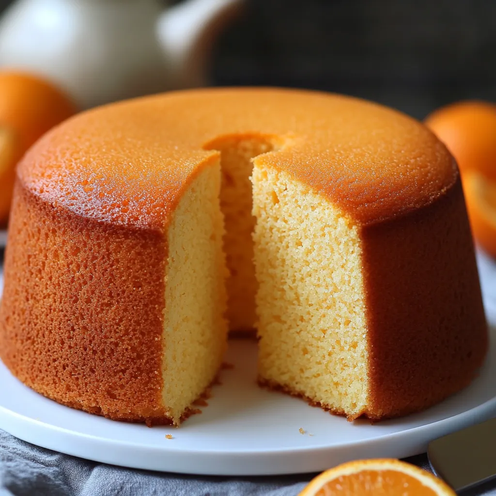 Queque de naranja esponjoso servido en rebanadas sobre una mesa rústica