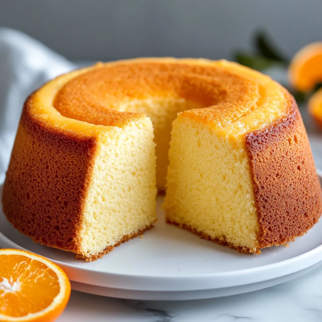 Queque de naranja esponjoso servido en rebanadas sobre una mesa rústica