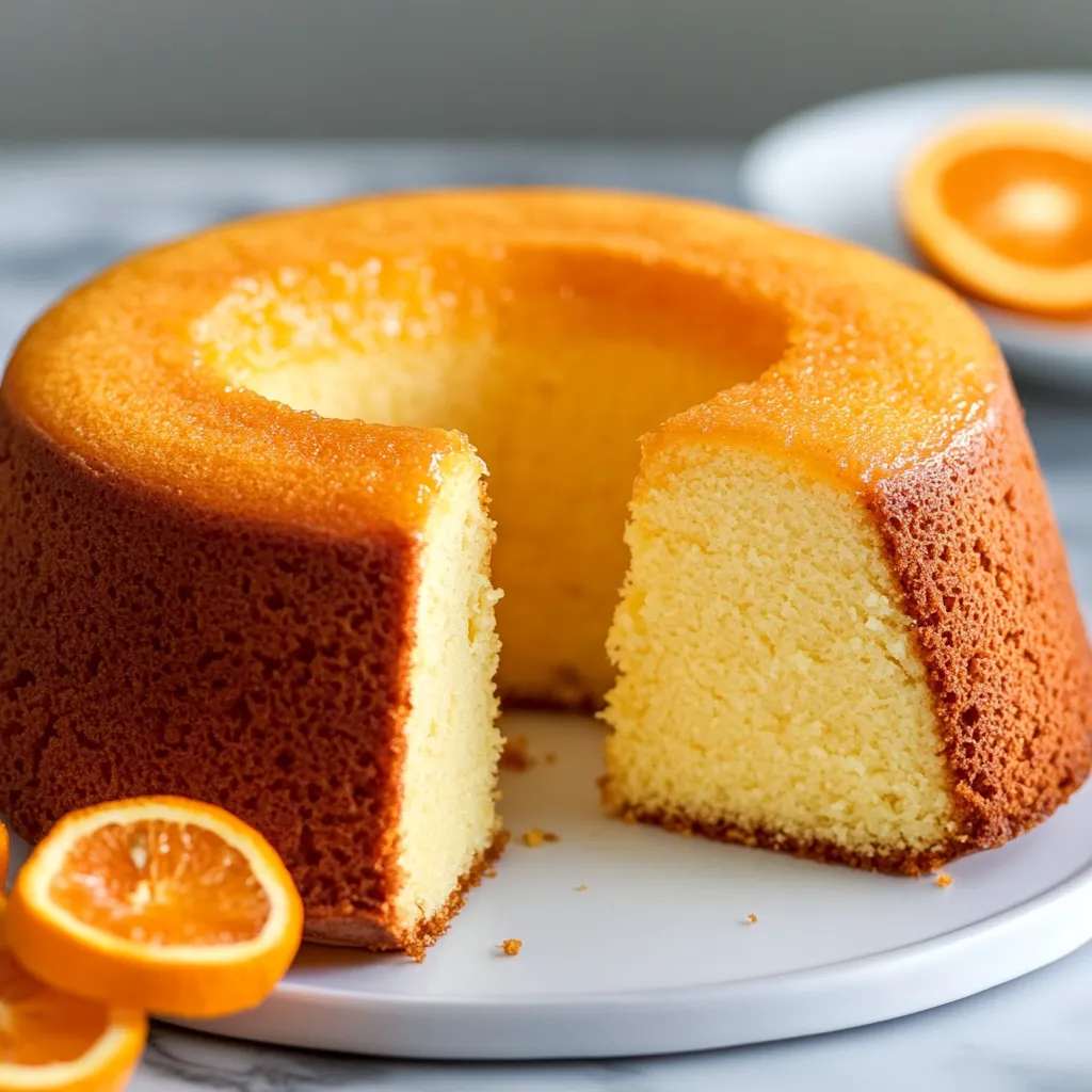 Queque de naranja esponjoso servido en rebanadas sobre una mesa rústica