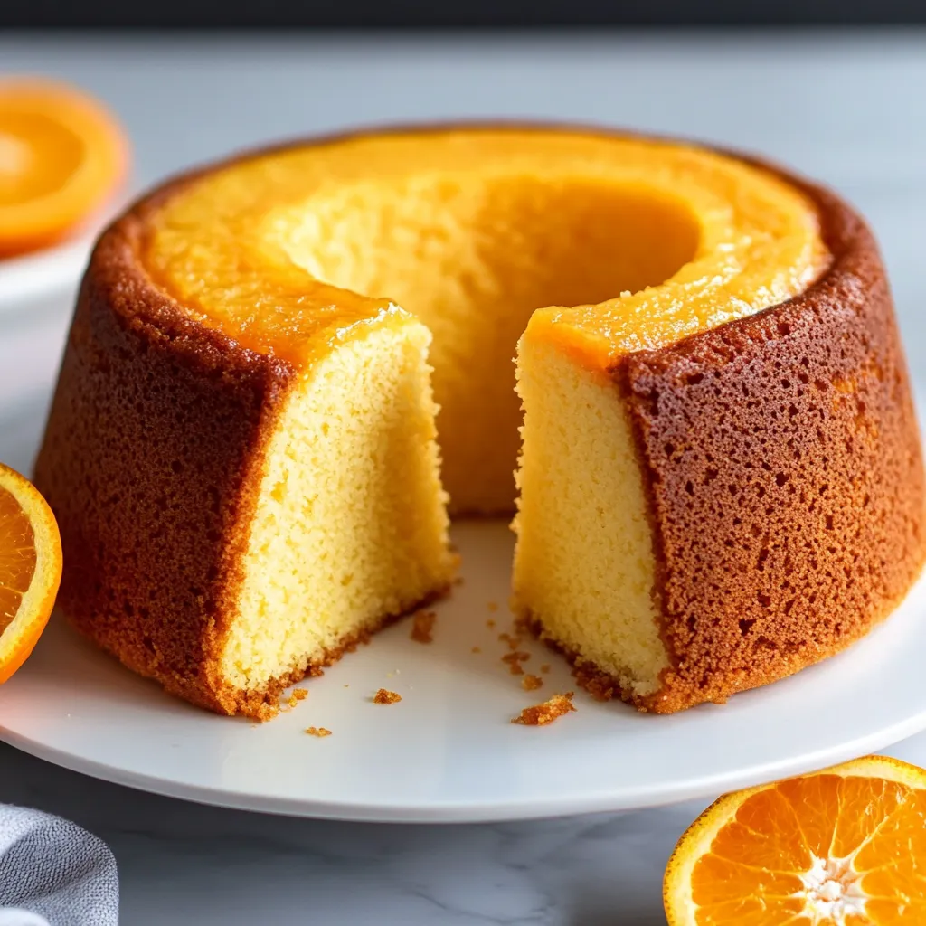 Queque de naranja esponjoso servido en rebanadas sobre una mesa rústica