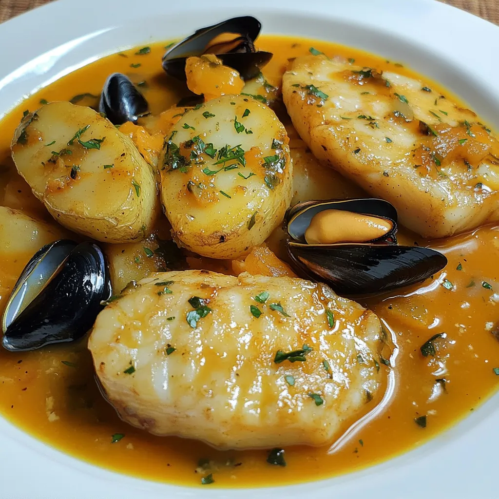 Plato servido de rape en salsa con patatas a la importancia y mejillones
