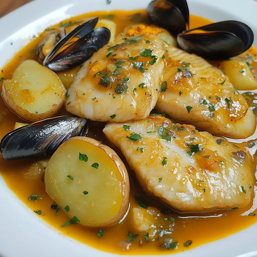 Plato servido de rape en salsa con patatas a la importancia y mejillones
