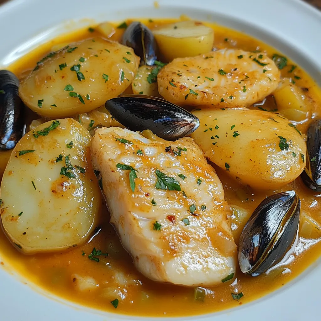 Plato servido de rape en salsa con patatas a la importancia y mejillones