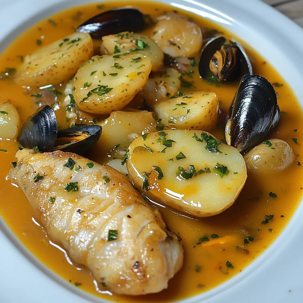 Plato servido de rape en salsa con patatas a la importancia y mejillones