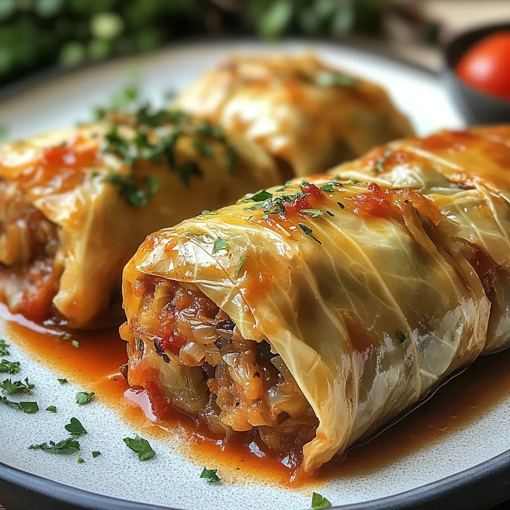 Rollos de repollo rellenos servidos con salsa de tomate casera