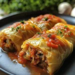 Rollos de repollo rellenos servidos con salsa de tomate casera