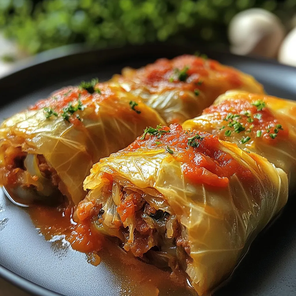 Rollos de repollo rellenos servidos con salsa de tomate casera