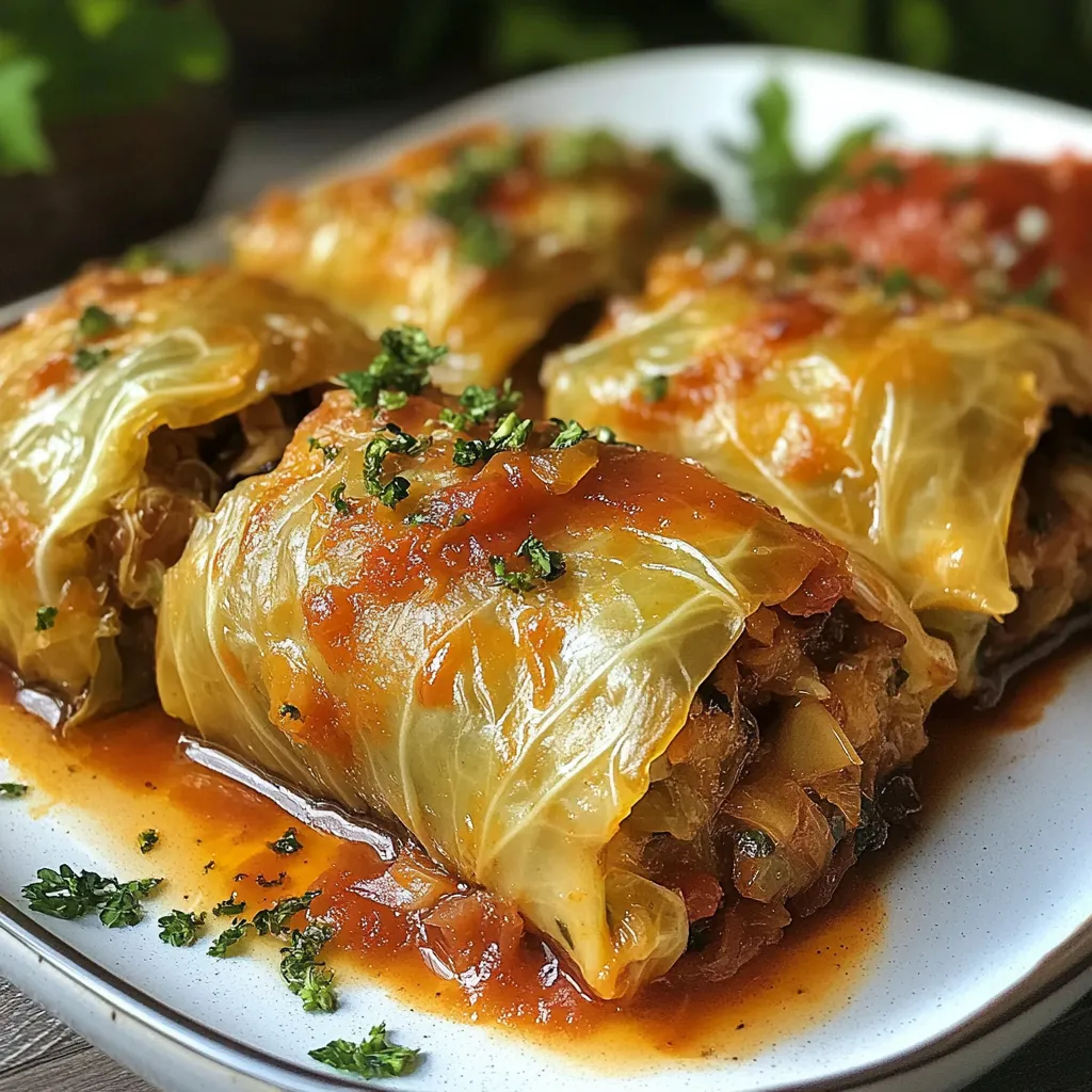 Rollos de repollo rellenos servidos con salsa de tomate casera