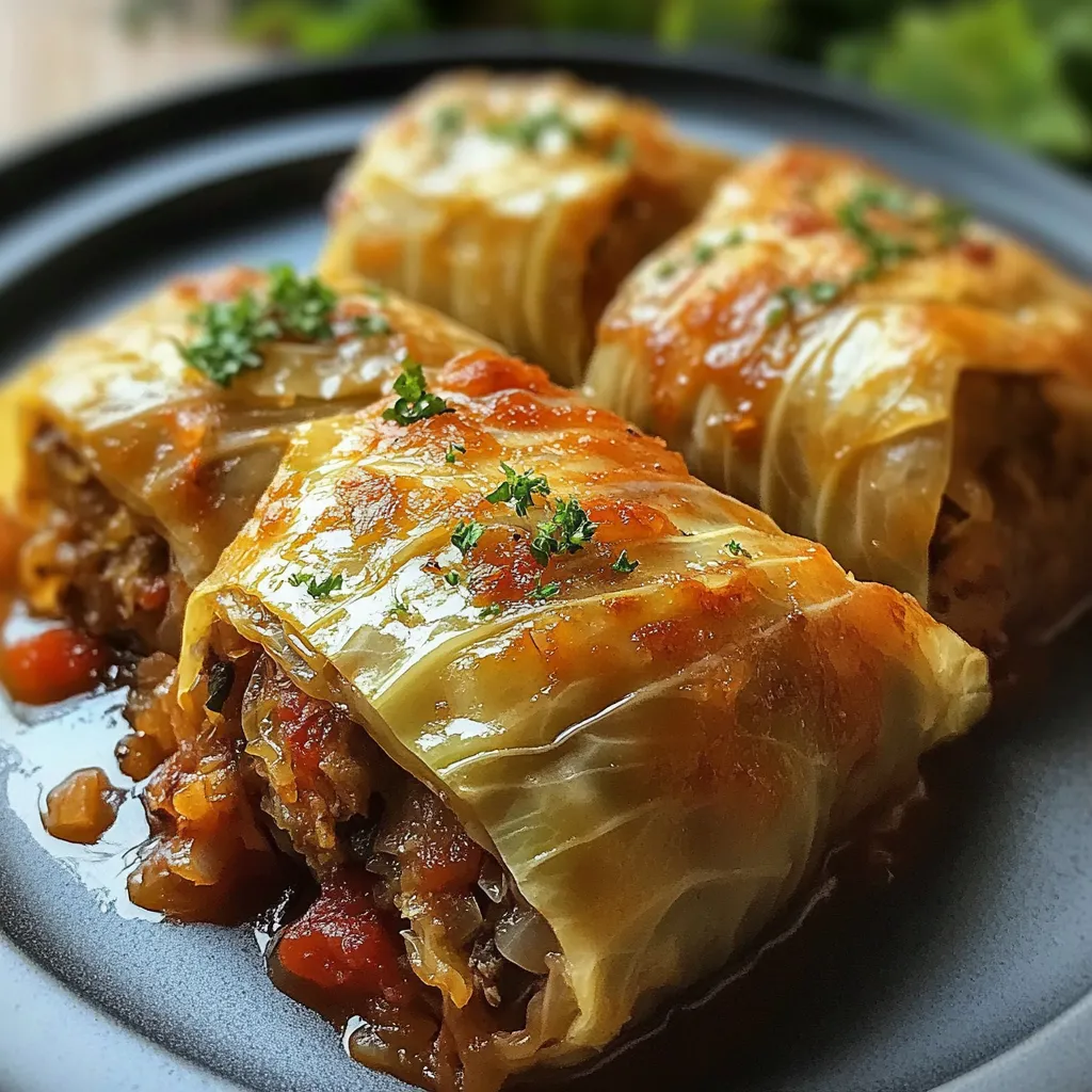 Rollos de repollo rellenos servidos con salsa de tomate casera