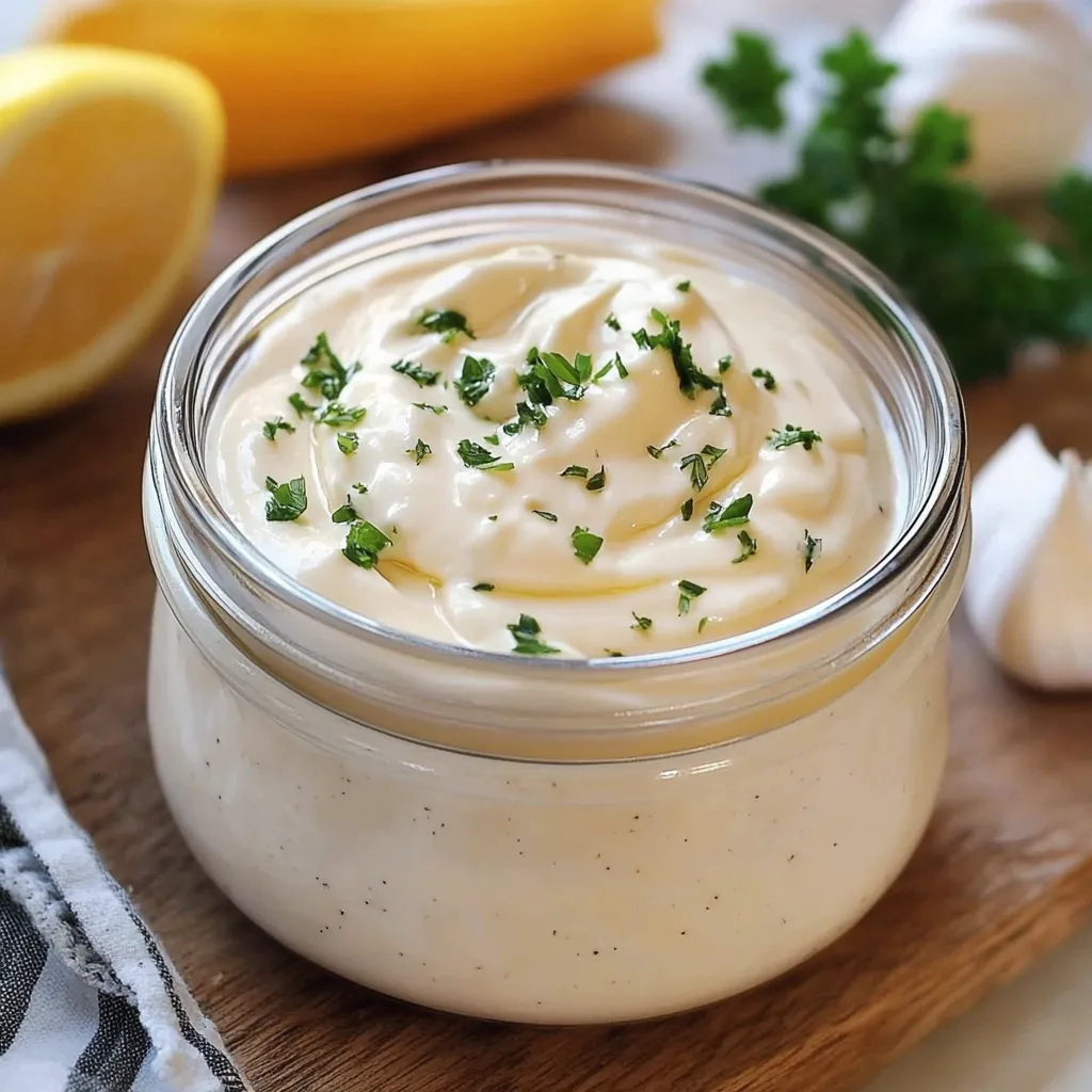 Salsa de ajo casera servida en un cuenco blanco con decoración de perejil