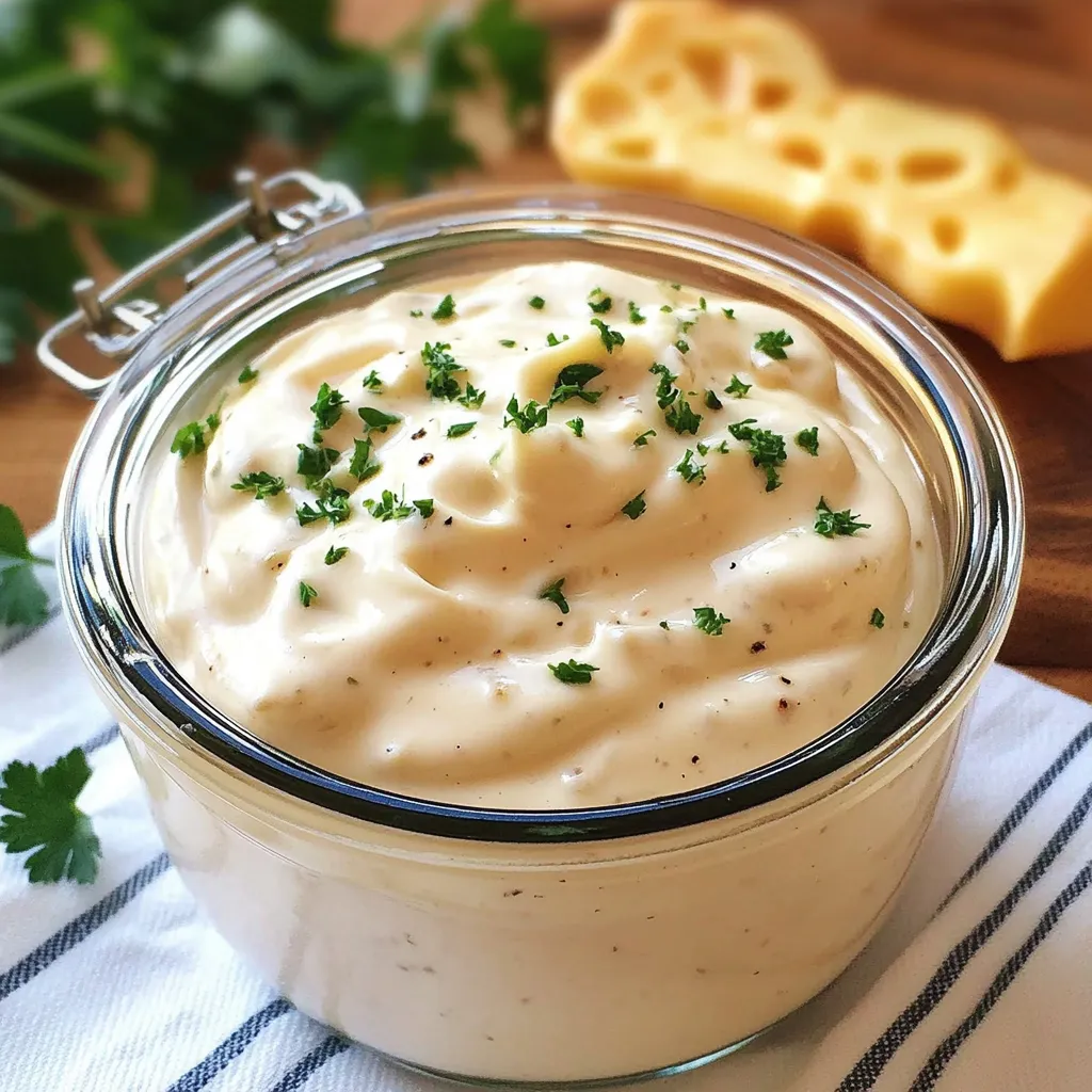 Salsa de ajo casera servida en un cuenco blanco con decoración de perejil