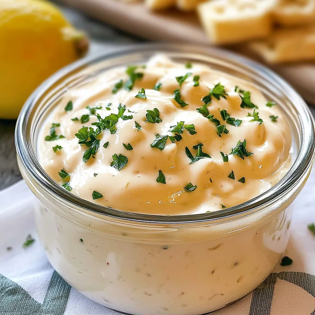 Salsa de ajo casera servida en un cuenco blanco con decoración de perejil