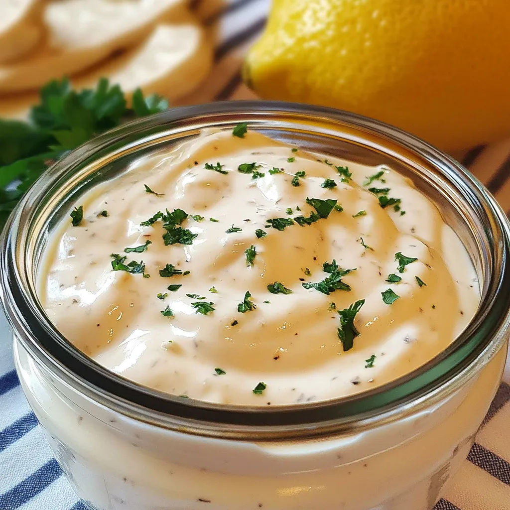 Salsa de ajo casera servida en un cuenco blanco con decoración de perejil