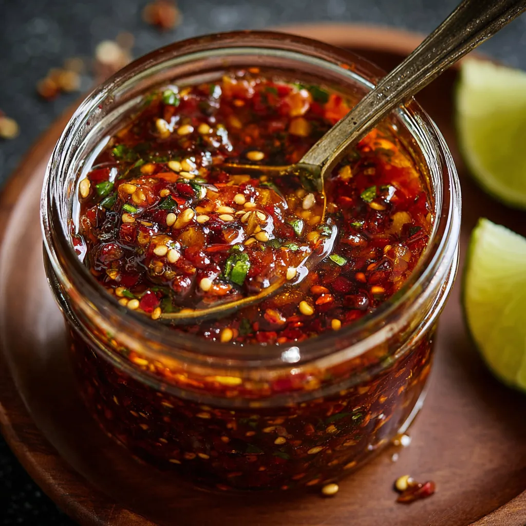 Salsa macha casera servida en frasco de vidrio, con chiles secos, ajo y ajonjolí visibles.