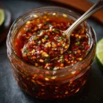 Salsa macha casera servida en frasco de vidrio, con chiles secos, ajo y ajonjolí visibles.