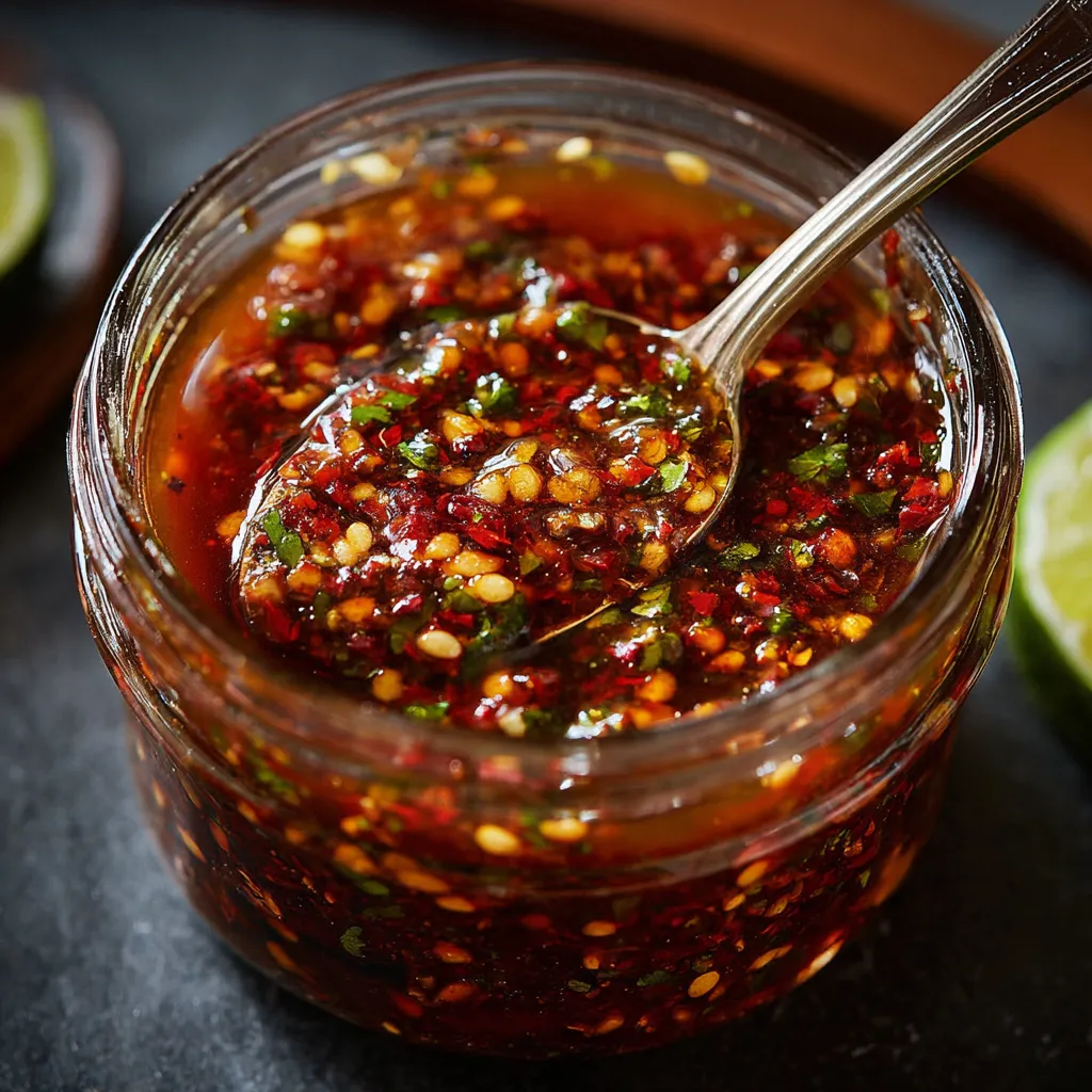 Salsa macha casera servida en frasco de vidrio, con chiles secos, ajo y ajonjolí visibles.