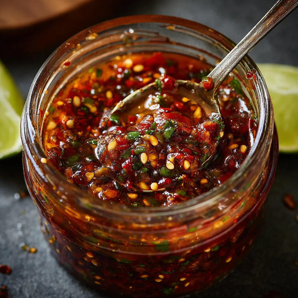 Salsa macha casera servida en frasco de vidrio, con chiles secos, ajo y ajonjolí visibles.