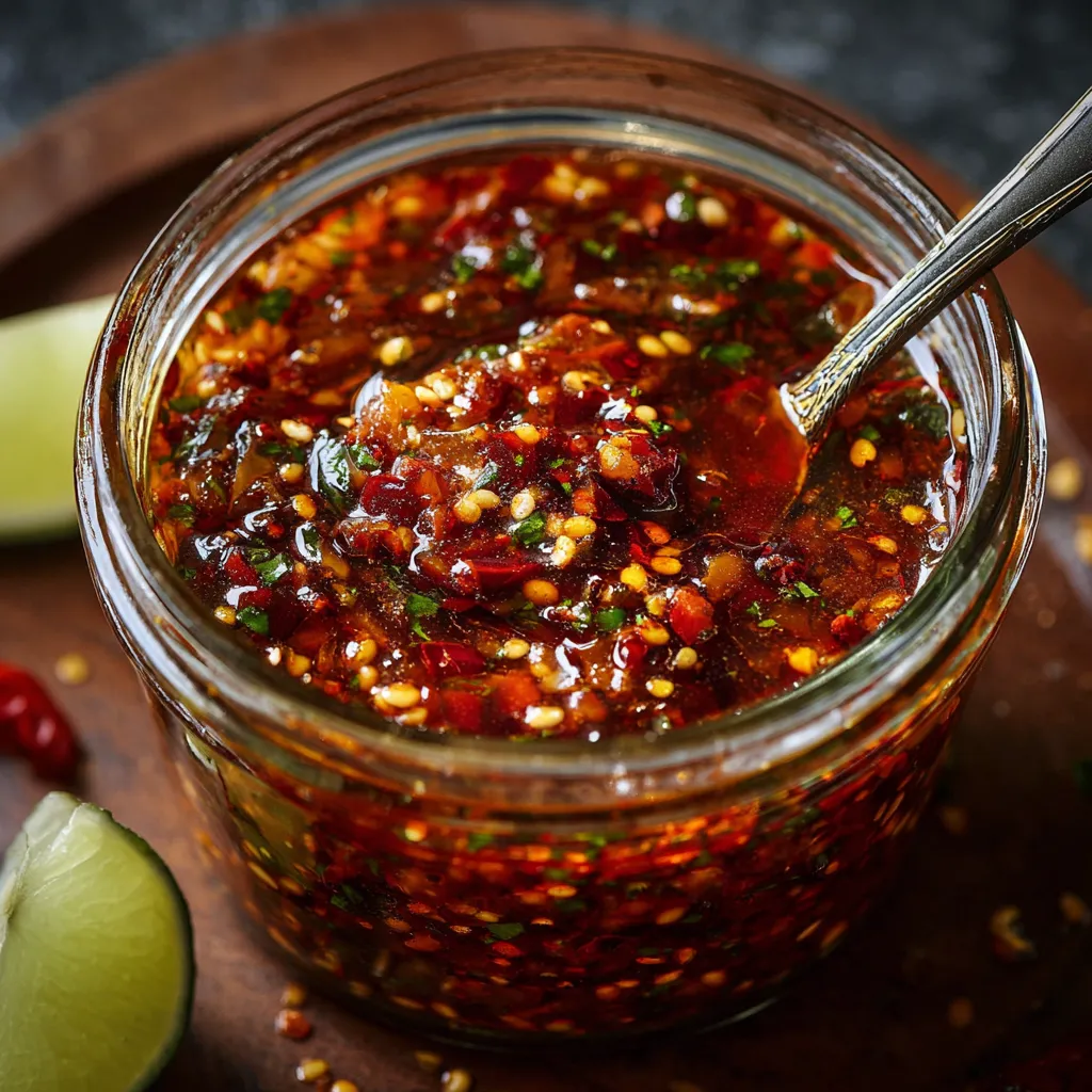 Salsa macha casera servida en frasco de vidrio, con chiles secos, ajo y ajonjolí visibles.