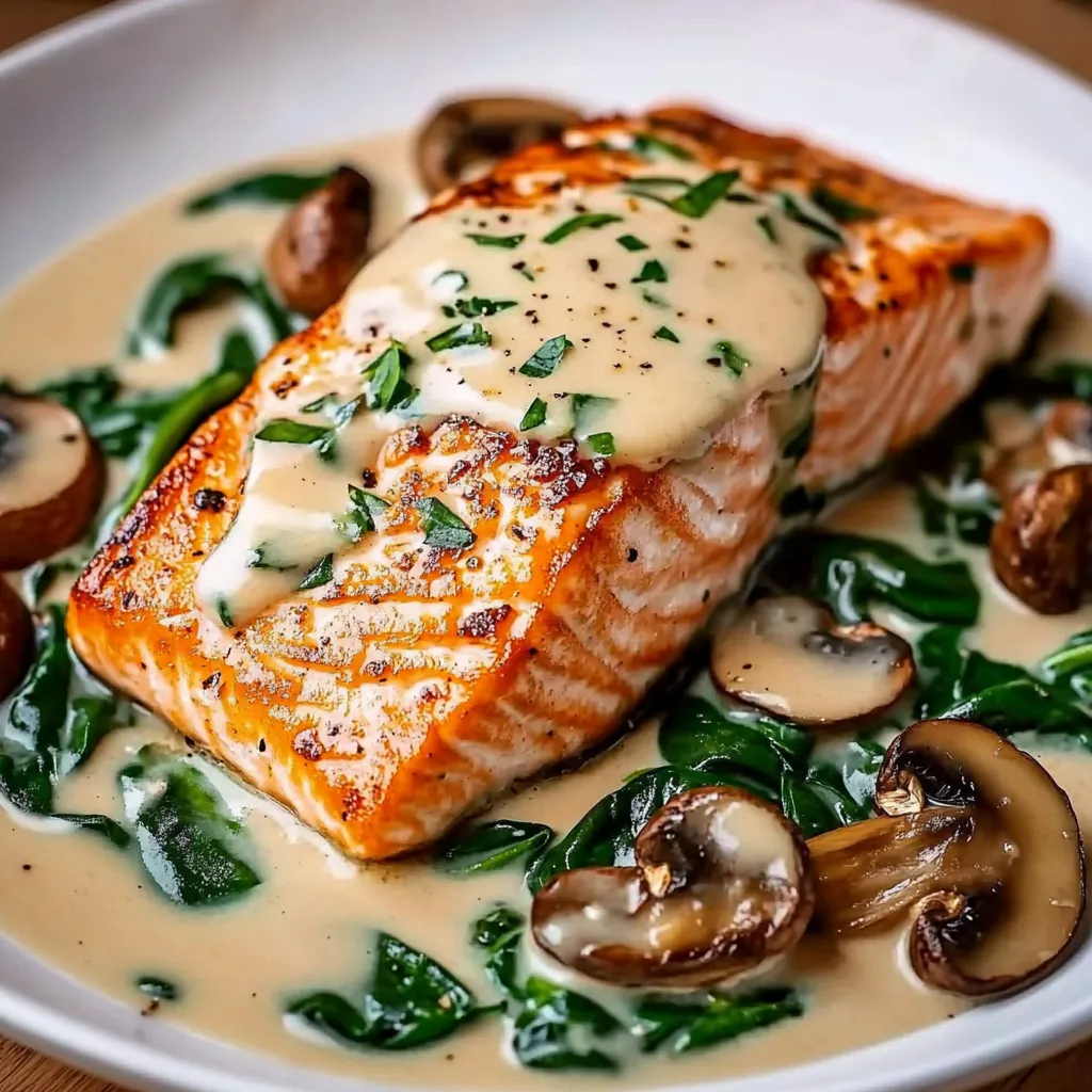 Filete de salmón servido con salsa cremosa de ajo, espinacas y champiñones
