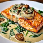 Filete de salmón servido con salsa cremosa de ajo, espinacas y champiñones
