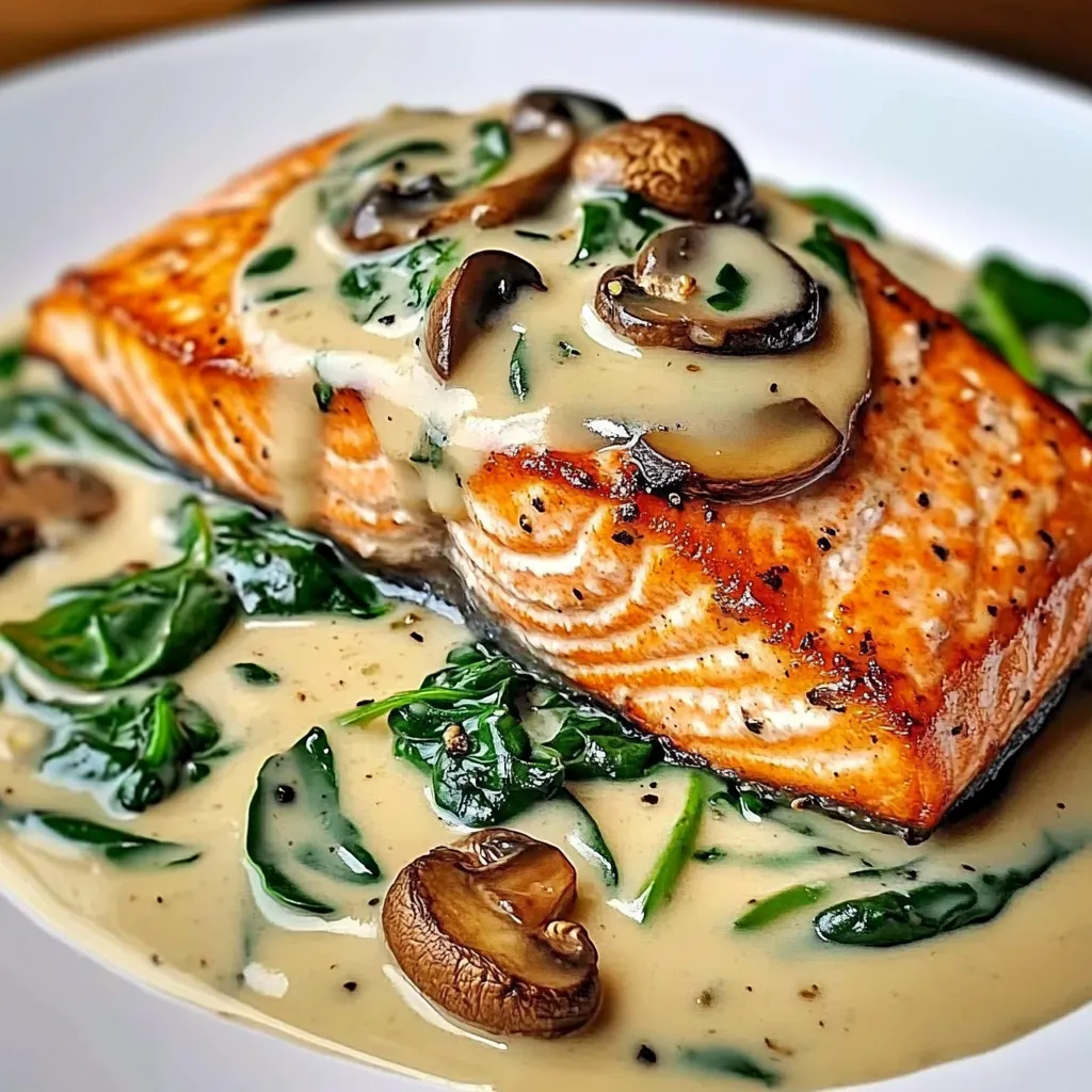 Filete de salmón servido con salsa cremosa de ajo, espinacas y champiñones